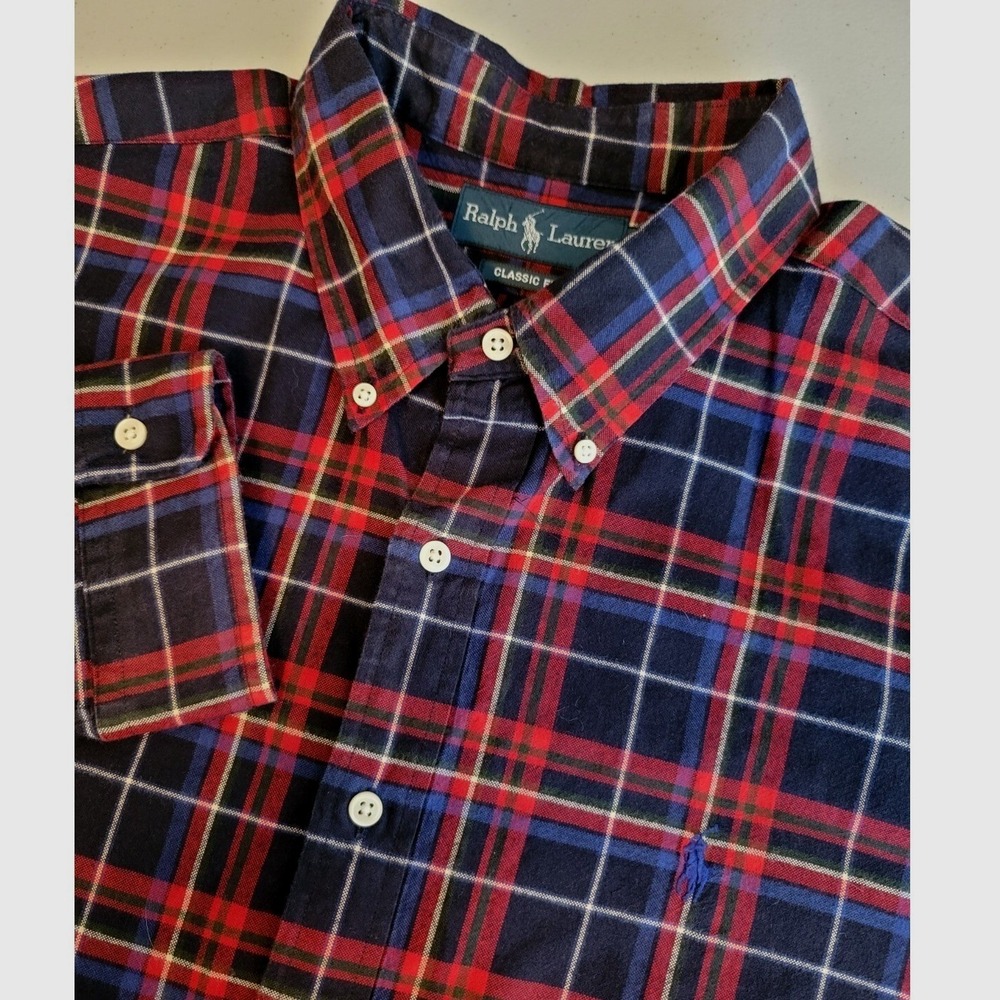 Ralph Lauren Mens XXL Classic Fit Plaid Button Down Shirt  Blue Cotton Long Slv